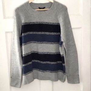 Denver Hayes, ladies knitted sweater, navy blue, blue, and gray stripes.XXL